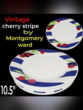 4 Vintage Cherry Stripe Plate Set By Montgomery Wards — White, Red,Navy, Yelliw